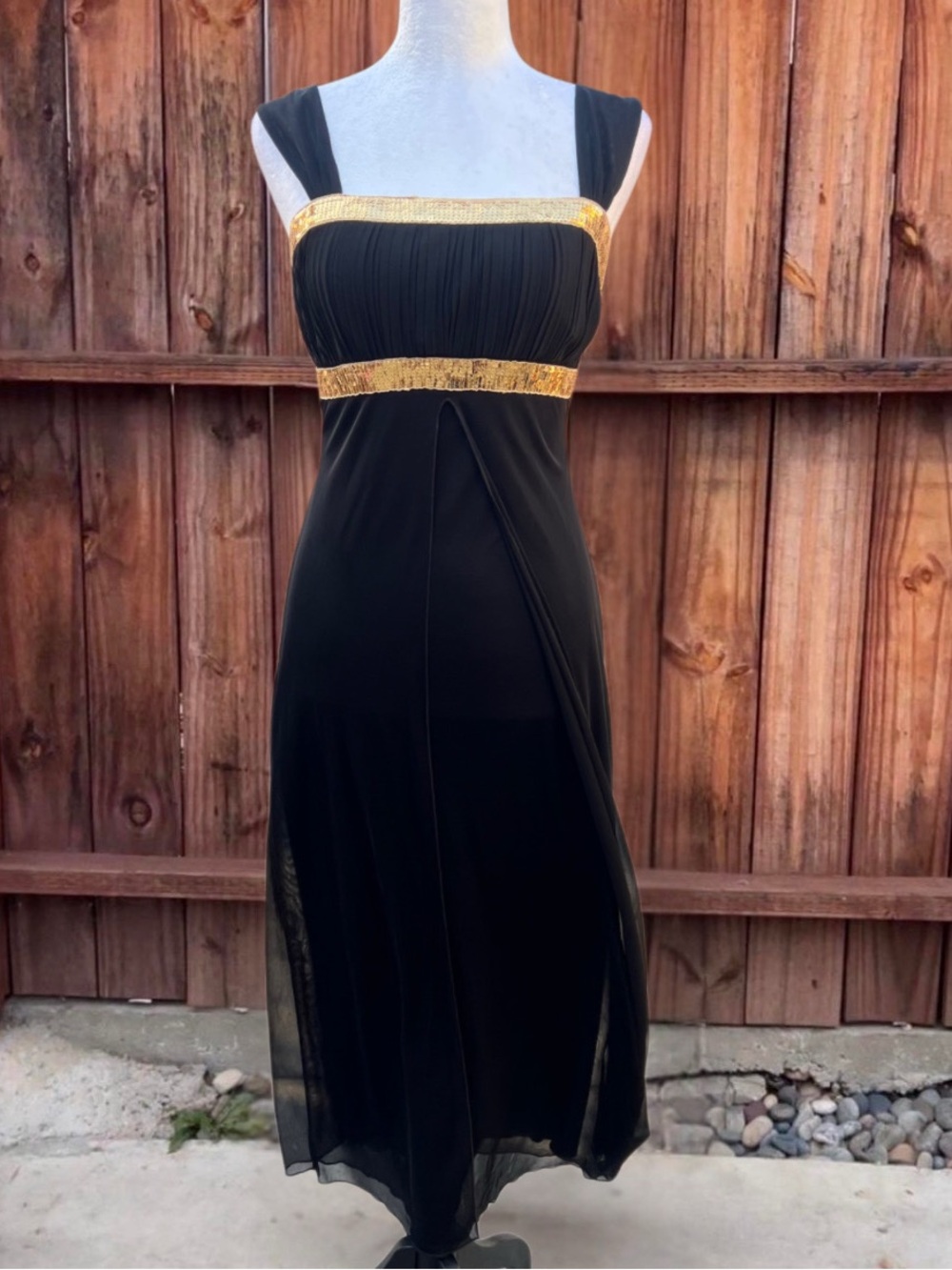 Y2K Black Maxi Dress with Gold Trim